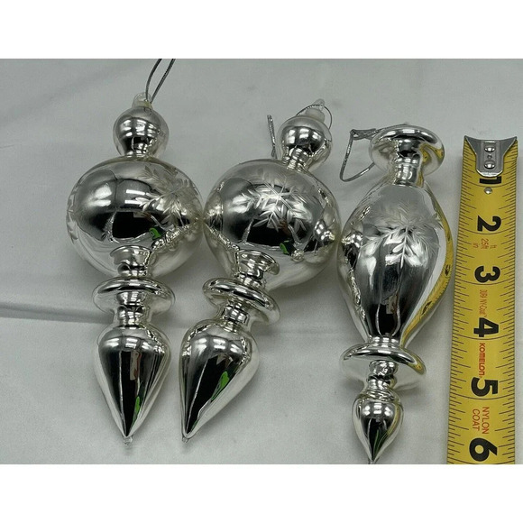 Vintage Set 3  Large Blown Glass Silver Finial Ornaments 6" - Picture 9 of 9
